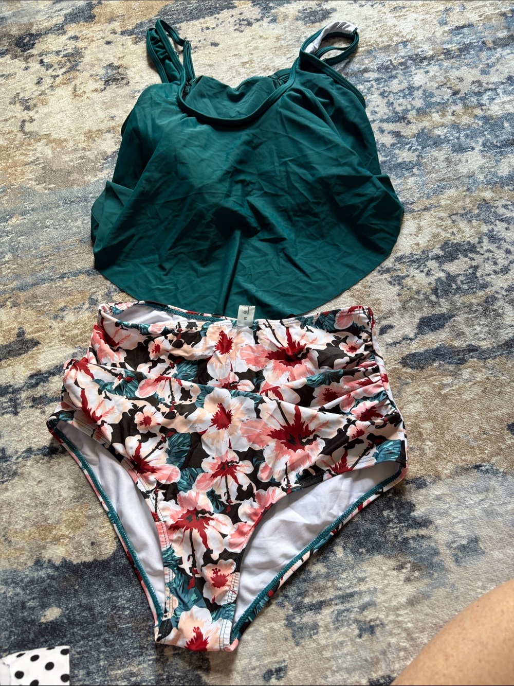 Green Tankini Top with Floral High-Waist Bottoms